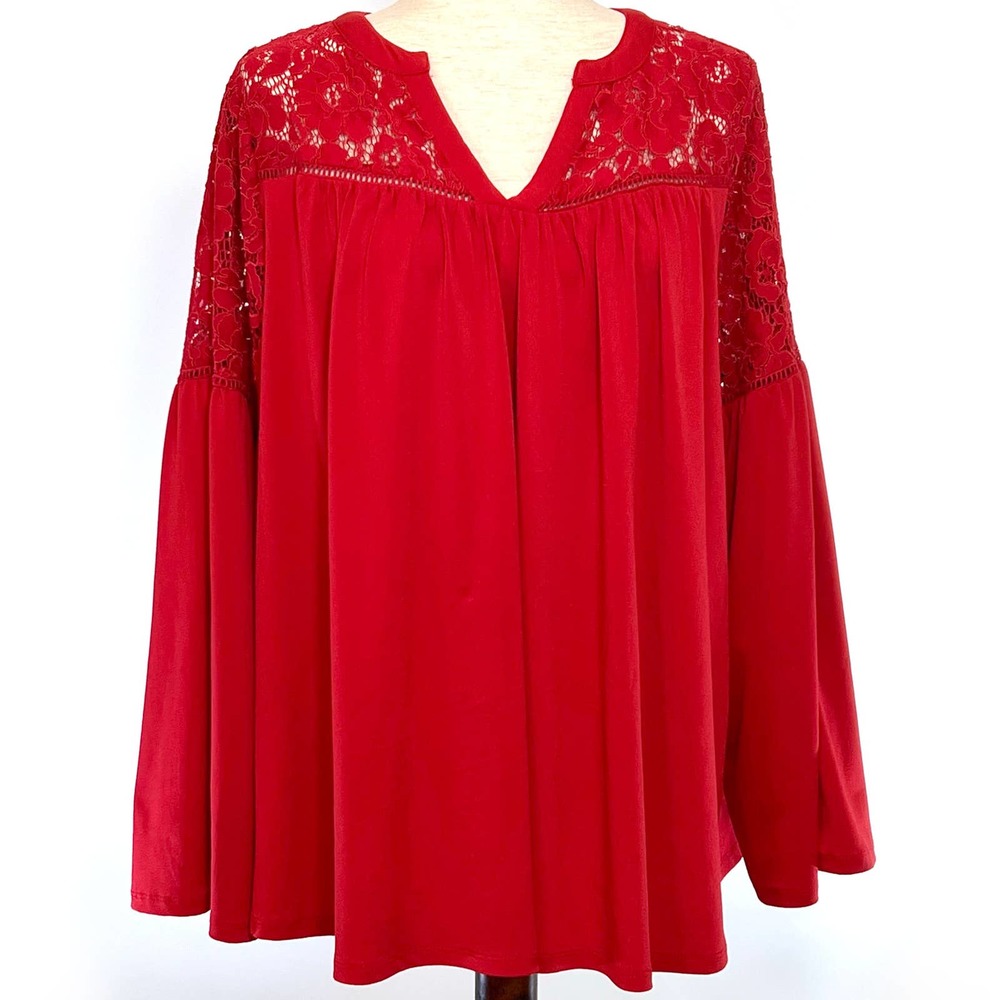 Lane Bryant Bell Sleeve Top Womens Sz 18 Red Long Sleeve Lace Bodice V-Neck